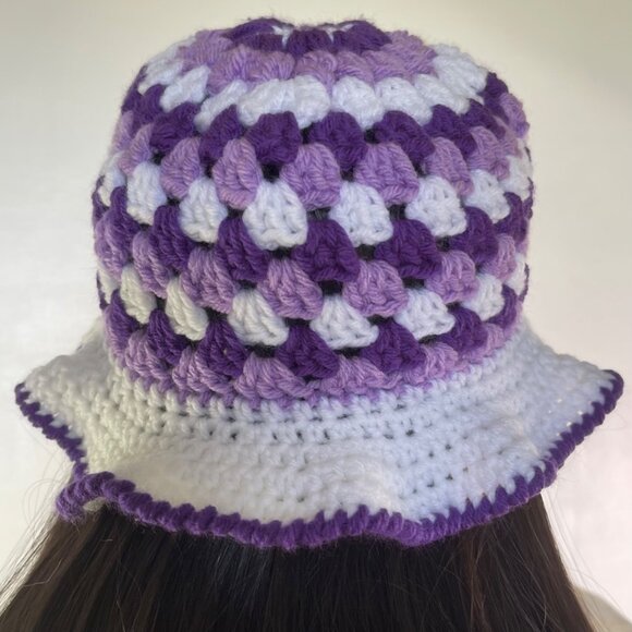 Crochet Bucket Hat Granny Square Pattern Purple and White Adult Size Handmade main image 4
